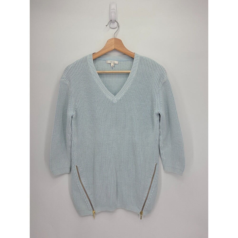 Tyler Boe Womens Ribbed Cable Knit V Neck Sweater Light Blue Size Medium